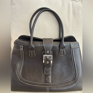 Tods Top Handle Bag Satchel Chocolate Brown Pebbled Leather Buckle Front Design